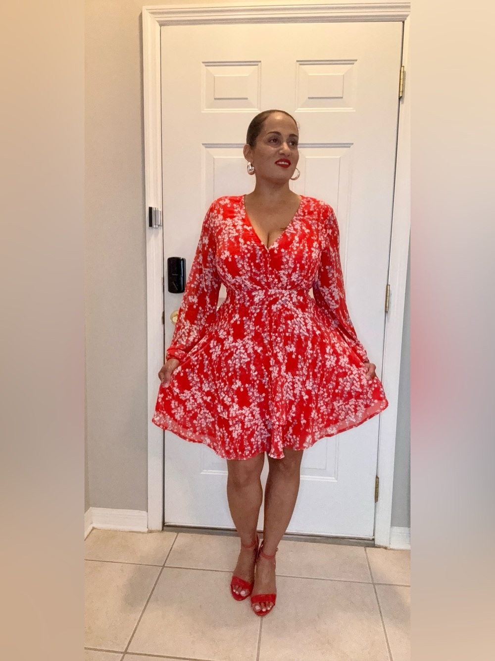 Red Floral V-Neck Wrap Mini Dress